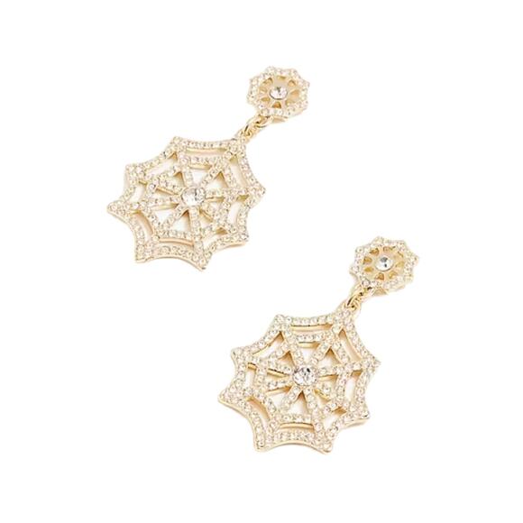 NWT J. Crew Gold Halloween Pavé Crystals Spiderweb Statement Earrings - Picture 4 of 6